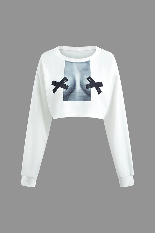 Pelze White Round Neck Printed Long Sleeve Crop Top