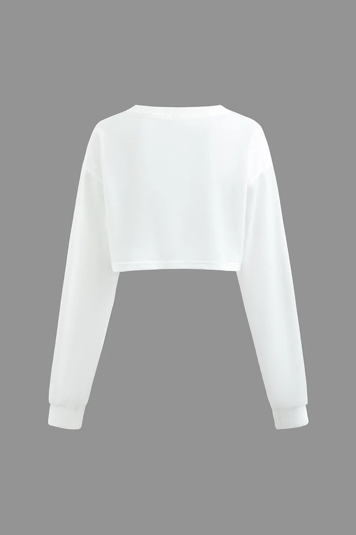 Pelze White Round Neck Printed Long Sleeve Crop Top