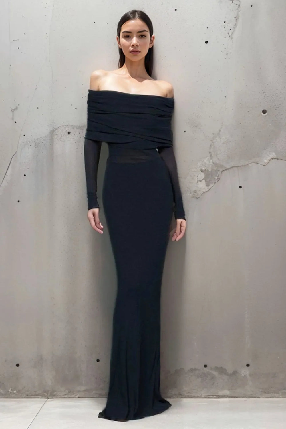 overfold off-shoulder mesh long sleeve long dress Overfold Off-Shoulder Mesh Long Sleeve Long Dress