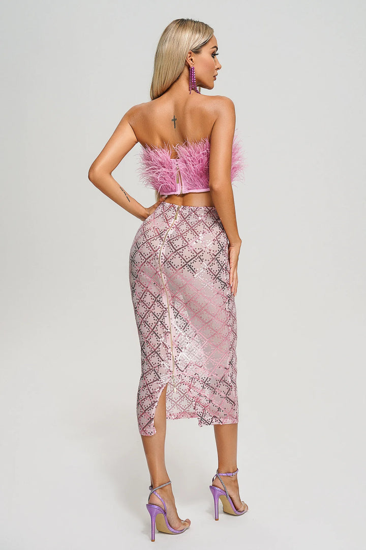 Philippa Pink Strapless Feather Top and Sequin Silt Skirt