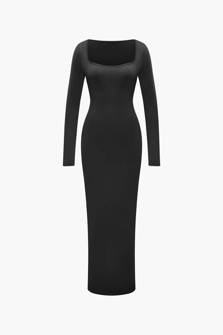 Presley Black Square Neck Long Sleeve Maxi Bodycon Dress