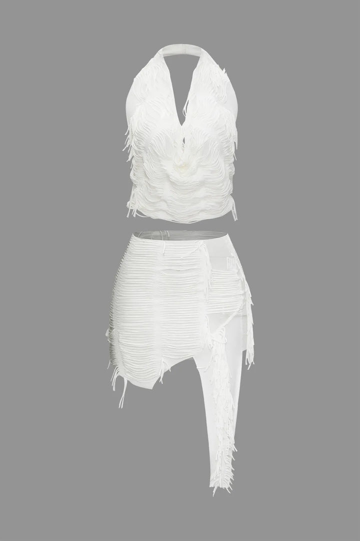 Ratia White Distressed Halter Cami Top and Asymmetrical Mini Skirt Set