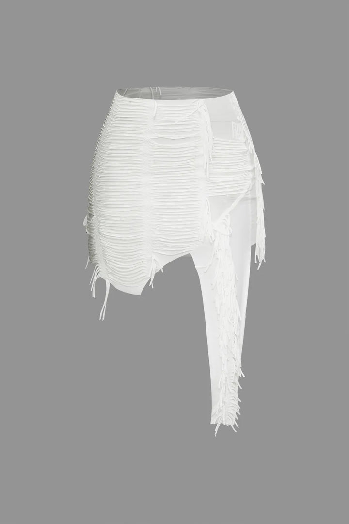 Ratia White Distressed Halter Cami Top and Asymmetrical Mini Skirt Set