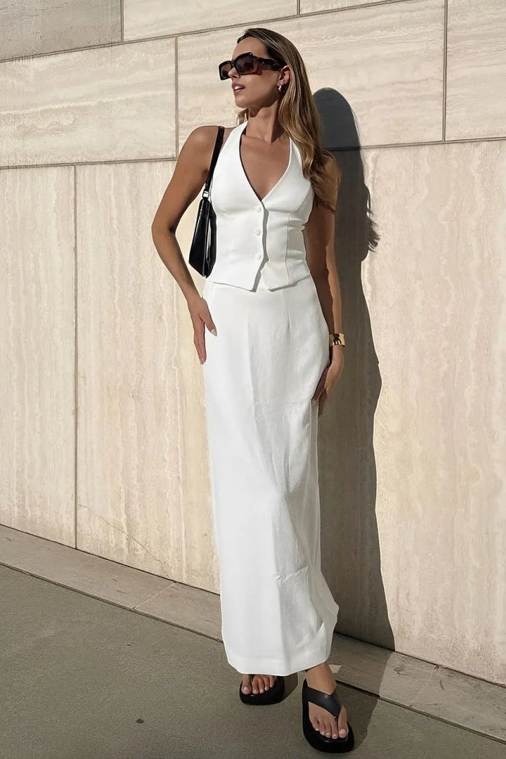 Rayna Solid White V-Neck Backless Tie Up Halter and Split Maxi Skirt Set