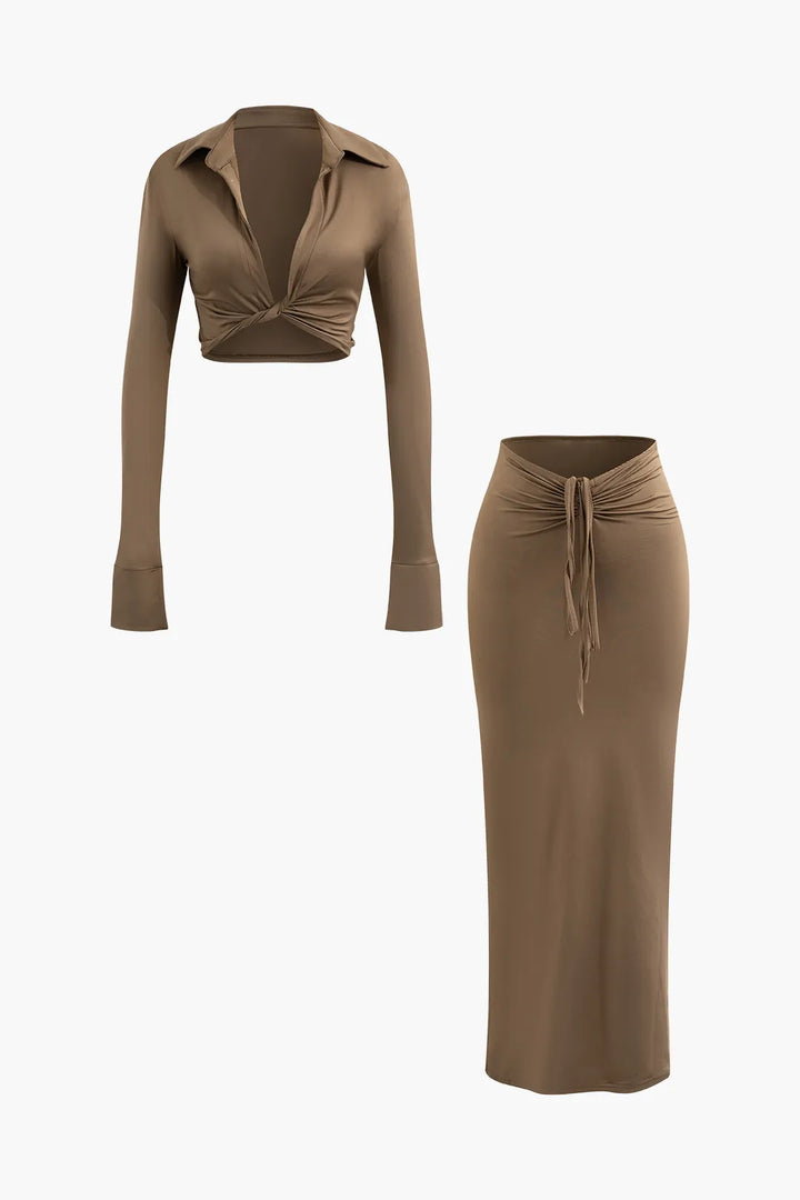 Reagan Brown V-neck Twist Long Sleeve Top and Ruched Maxi Skirt Set