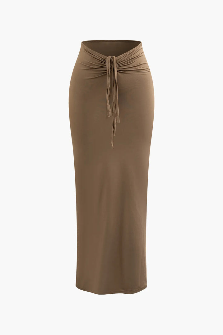 Reagan Brown V-neck Twist Long Sleeve Top and Ruched Maxi Skirt Set