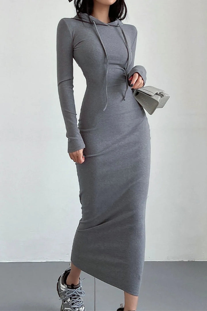 Rika Grey Drop Shoulder Drawstring Hooded Maxi Dress