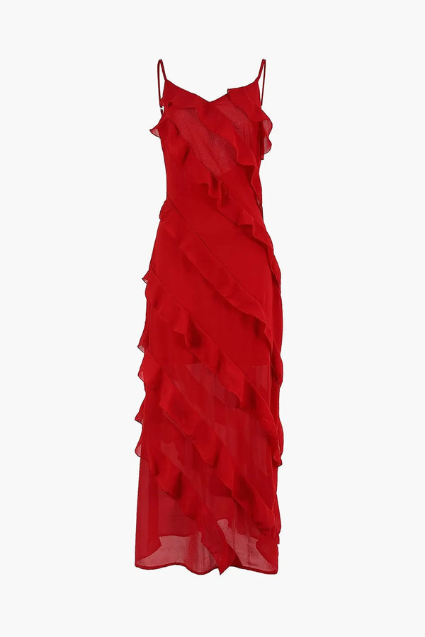  Rosee Red Ladder Ruffle Zippered Maxi Dress