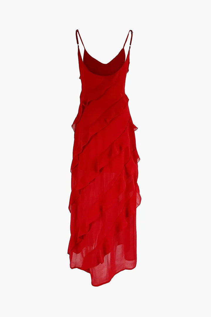  Rosee Red Ladder Ruffle Zippered Maxi Dress