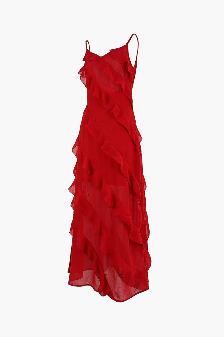  Rosee Red Ladder Ruffle Zippered Maxi Dress