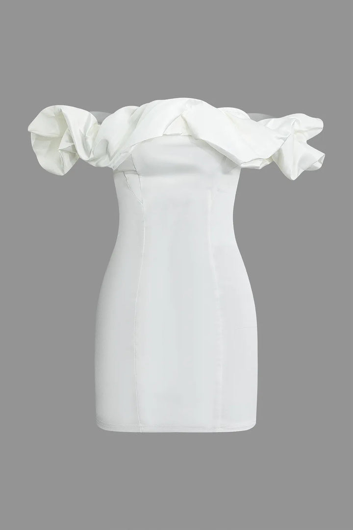 Ruffle White Neckline Off The Shoulder Mini Party Dress