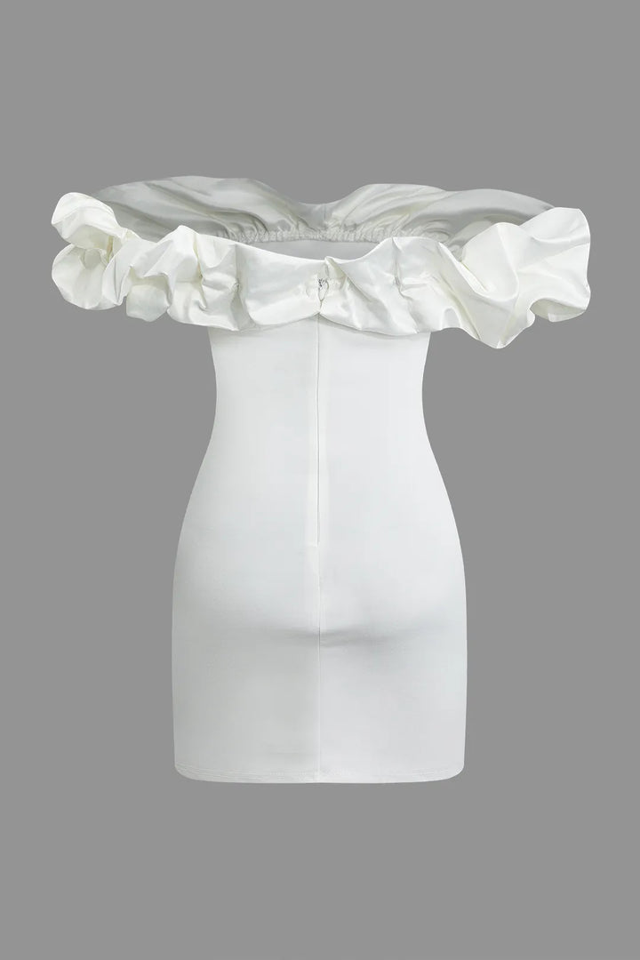 Ruffle White Neckline Off The Shoulder Mini Party Dress