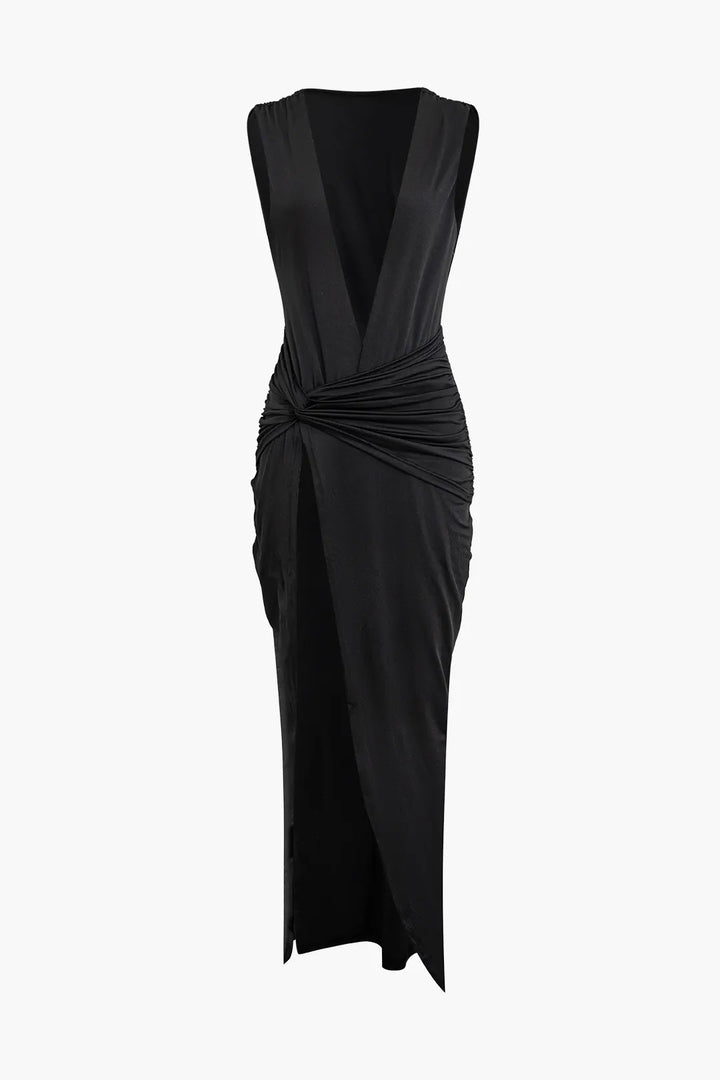 Sandra Black Wrap Ruched V-neck Sleeveless Maxi Party Dress