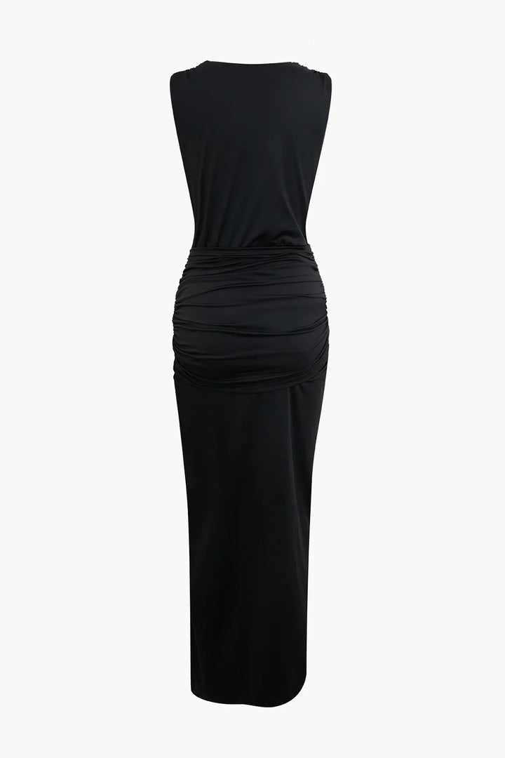 Sandra Black Wrap Ruched V-neck Sleeveless Maxi Party Dress