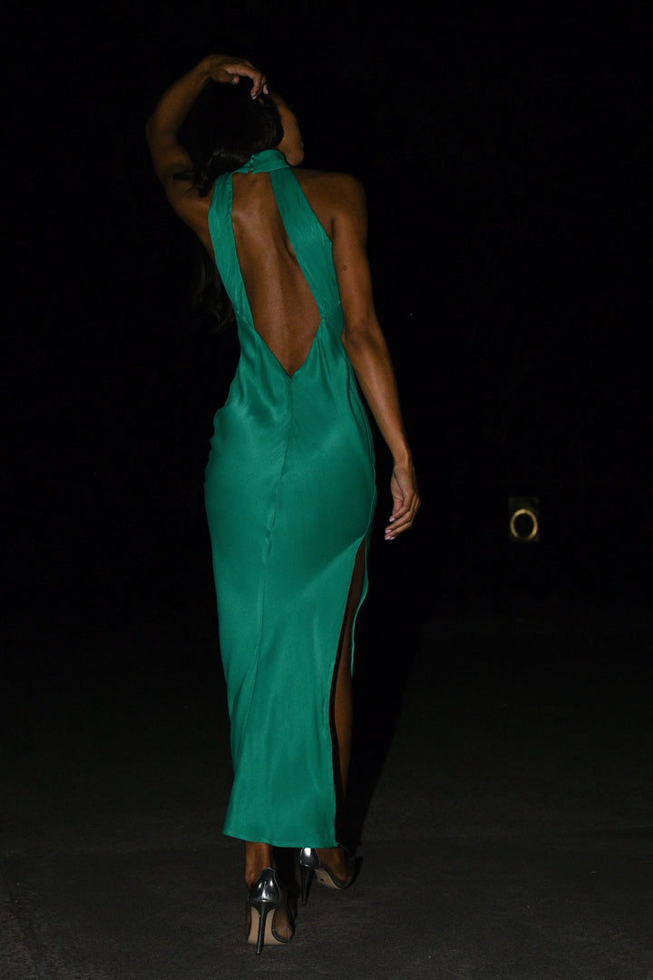 Shaylah Solid Green Satin Drape Back Split Maxi Dress