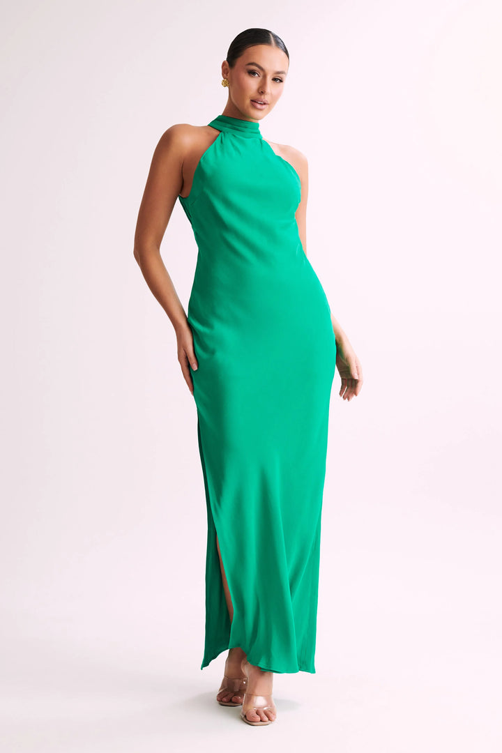 Shaylah Solid Green Satin Drape Back Split Maxi Dress