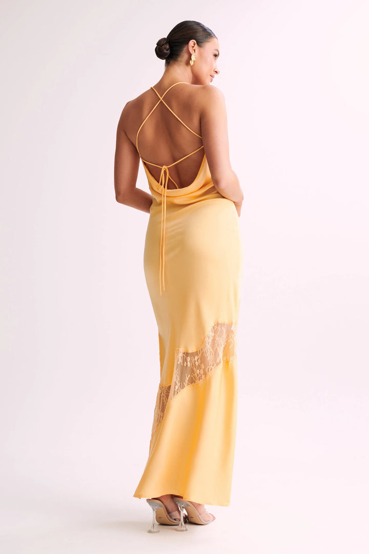 Siara Yellow Lace Detail Satin Maxi Dress