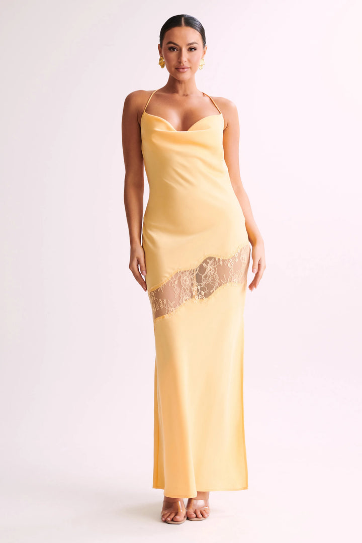 Siara Yellow Lace Detail Satin Maxi Dress