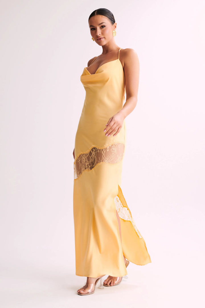 Siara Yellow Lace Detail Satin Maxi Dress