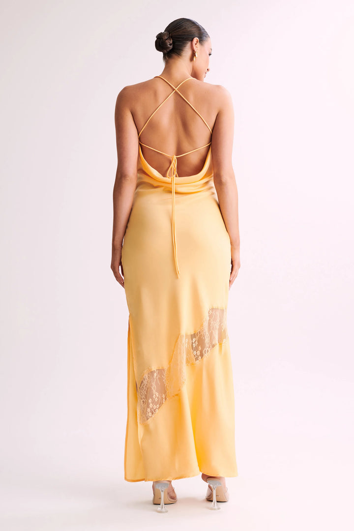 Siara Yellow Lace Detail Satin Maxi Dress