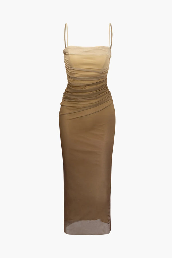 Sidney Tan Mesh Ruched Maxi Dress