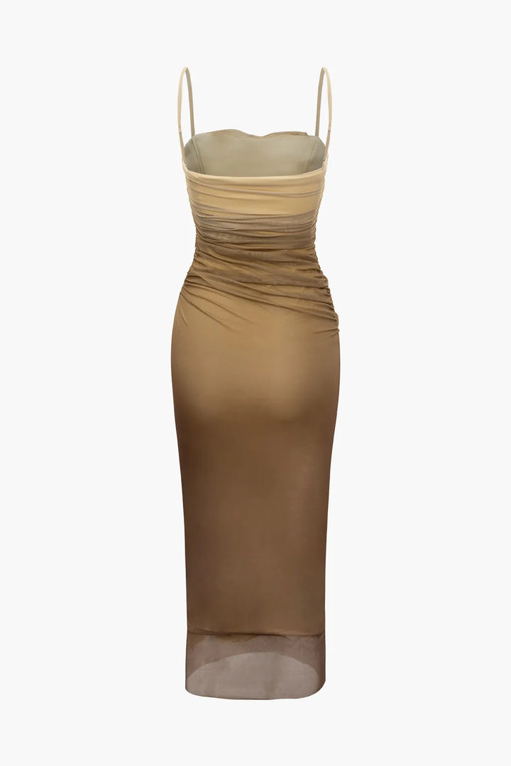 Sidney Tan Mesh Ruched Maxi Dress