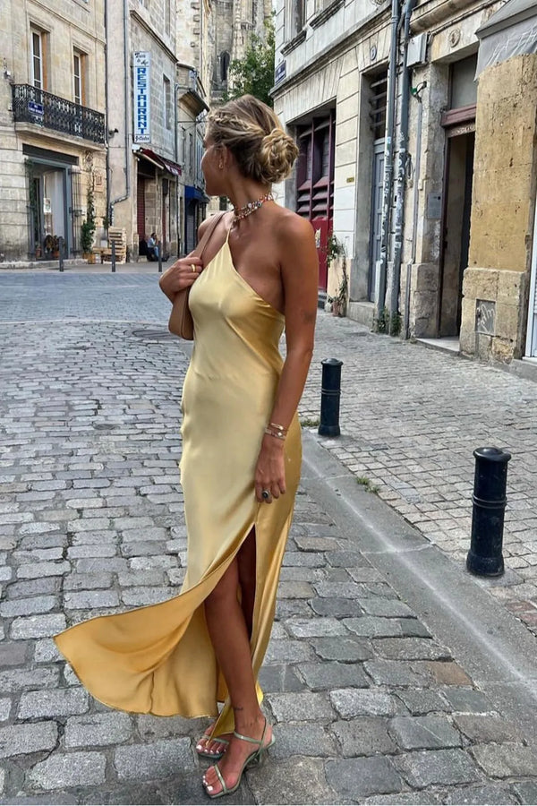  Slaia Gold Open Back Satin Slit Maxi Dress