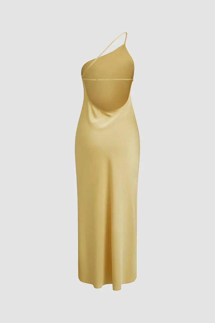  Slaia Gold Open Back Satin Slit Maxi Dress