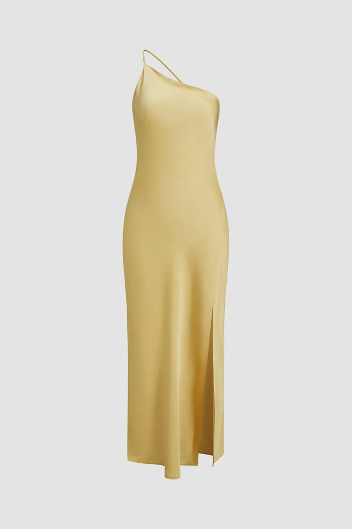  Slaia Gold Open Back Satin Slit Maxi Dress