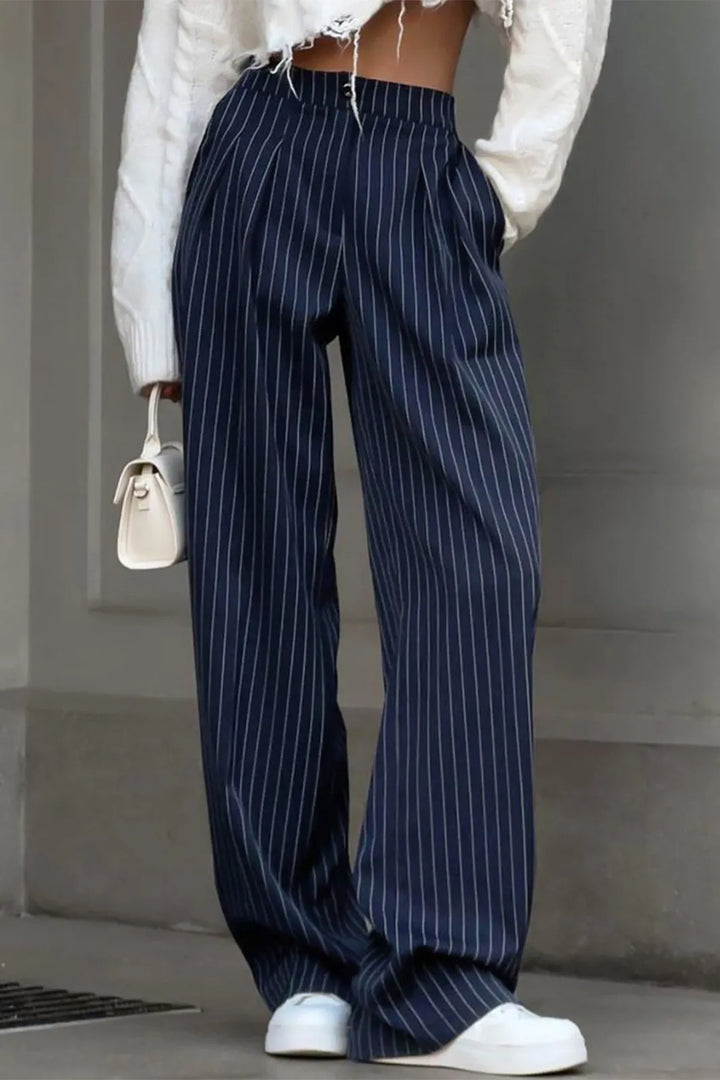 Slaia Navy Pinstripe Pleated Wide Leg Pants