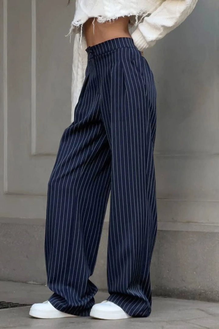 Slaia Navy Pinstripe Pleated Wide Leg Pants