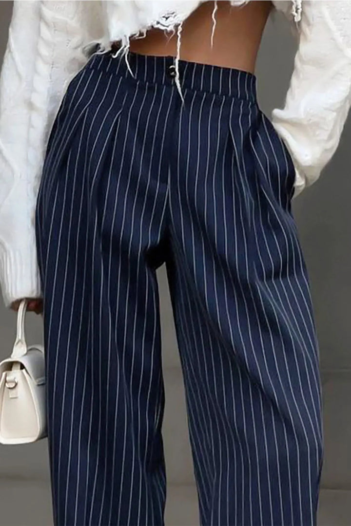 Slaia Navy Pinstripe Pleated Wide Leg Pants