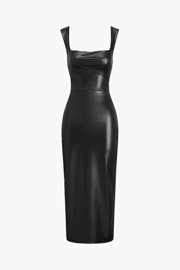 Susa Black Faux Leather Bodycon Midi Dress