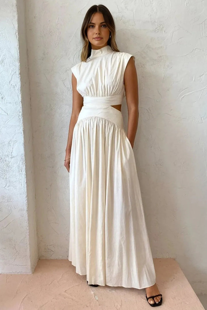 Tesla White Mock Neck Cut Out Maxi Dress