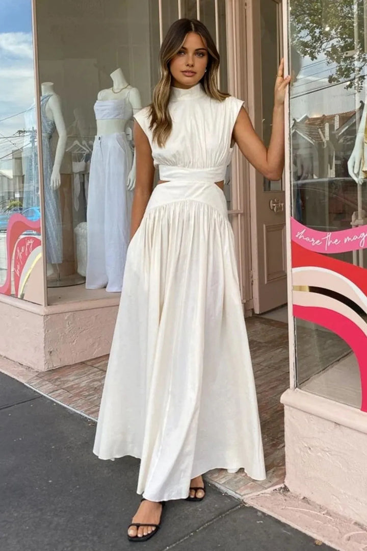 Tesla White Mock Neck Cut Out Maxi Dress