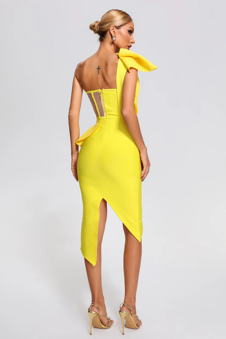 Nita Yellow Mesh One Shoulder Silt Bandage Midi Dress