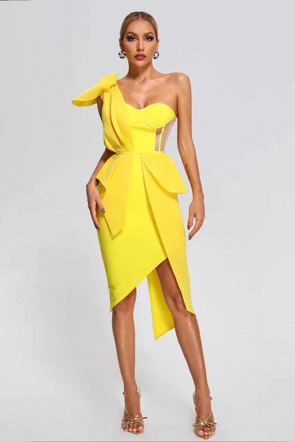 Nita Yellow Mesh One Shoulder Silt Bandage Midi Dress