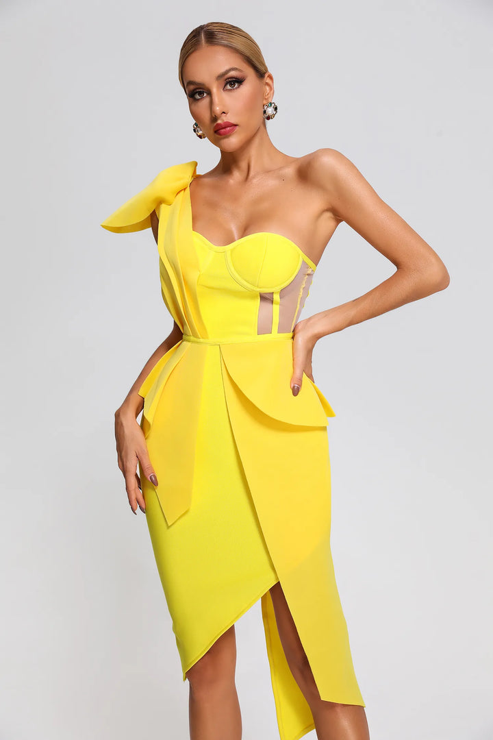 Nita Yellow Mesh One Shoulder Silt Bandage Midi Dress