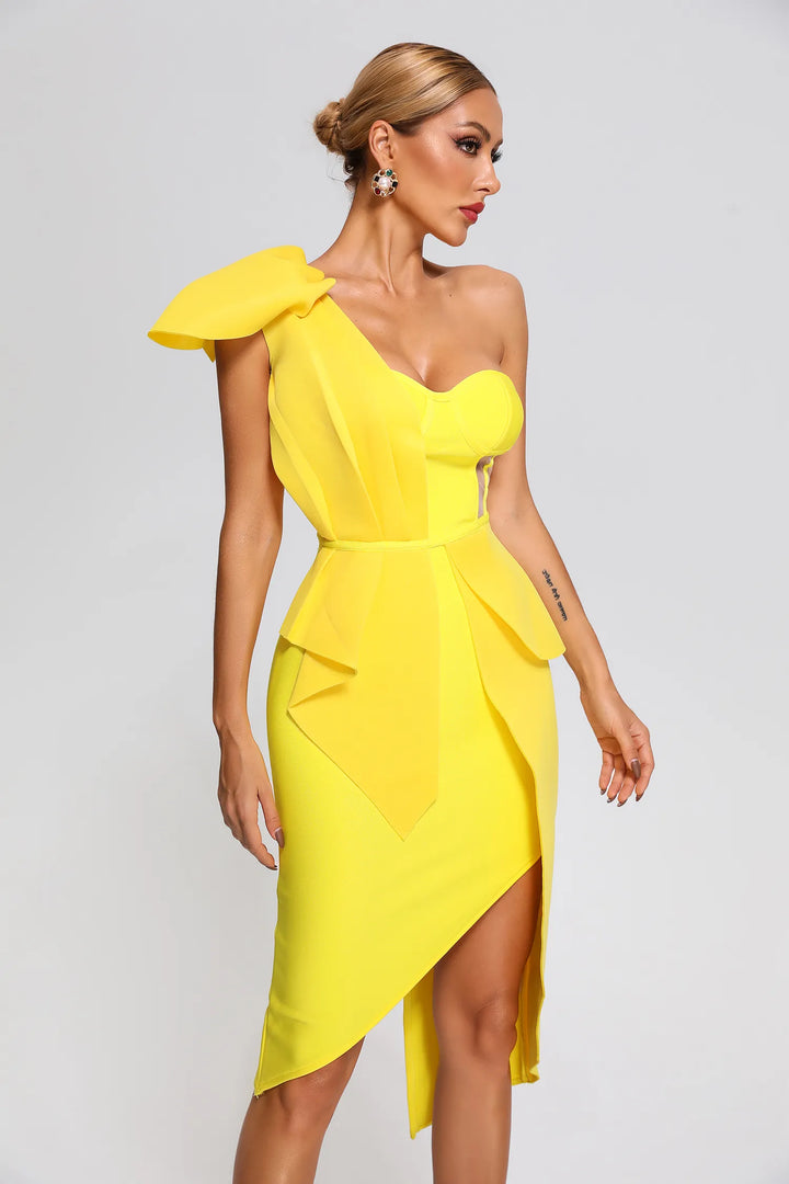 Nita Yellow Mesh One Shoulder Silt Bandage Midi Dress