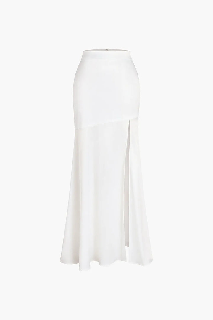 Tiaka Solid White Satin Patchwork Split Maxi Skirt