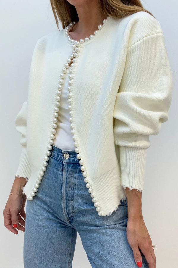 Valor White Pearl Trim Ripped Hem Cardigan