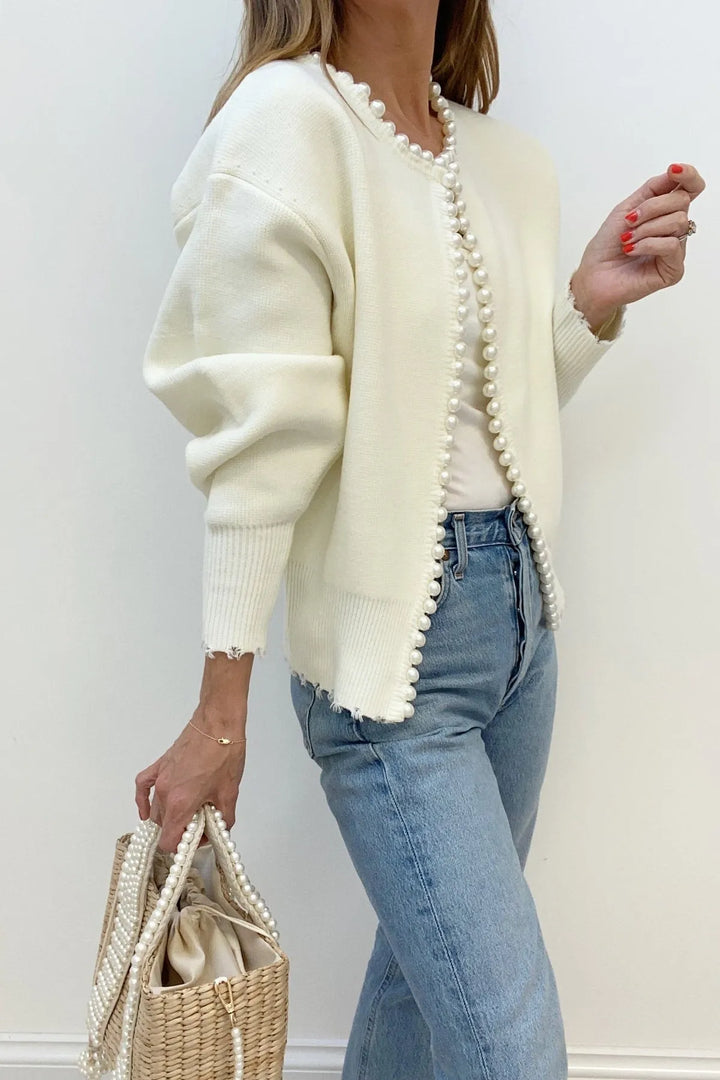 Valor White Pearl Trim Ripped Hem Cardigan