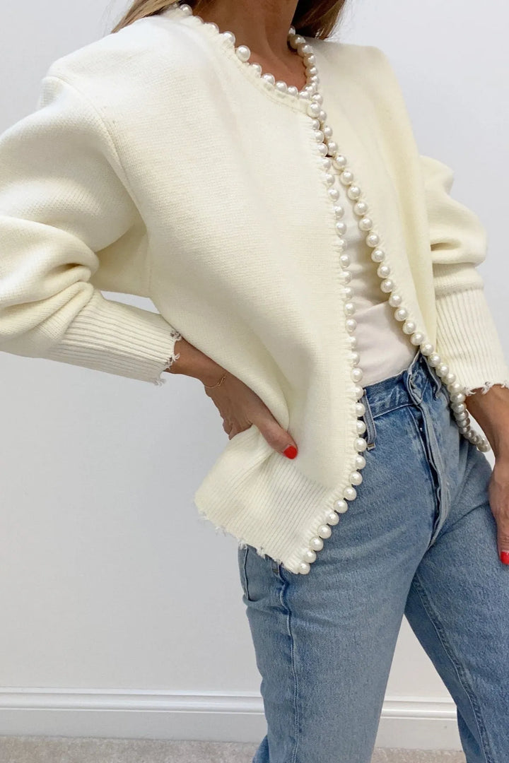 Valor White Pearl Trim Ripped Hem Cardigan