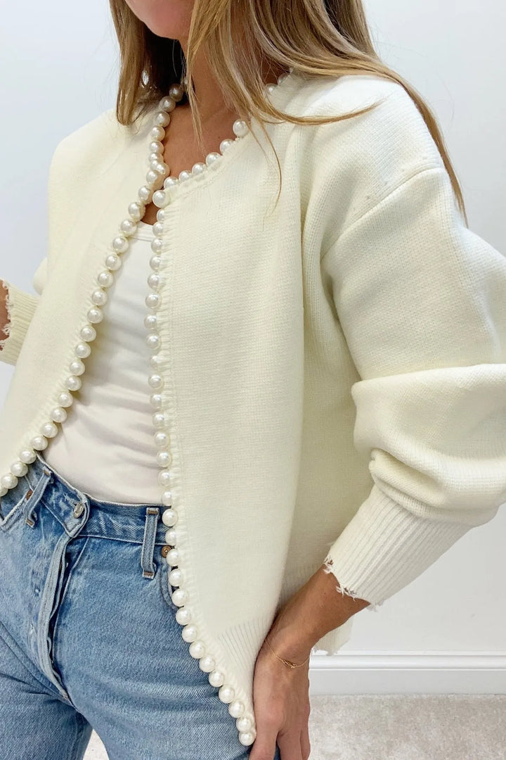 Valor White Pearl Trim Ripped Hem Cardigan