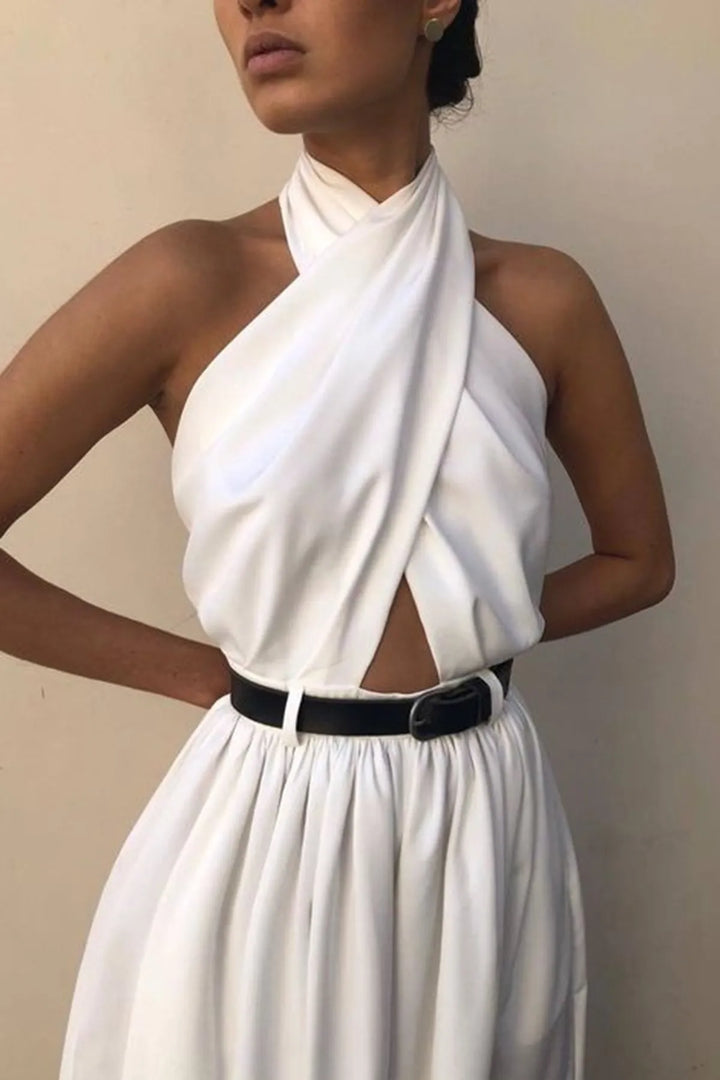 Valri Solid White Criss Cross Halter Backless Jumpsuit Without Belt