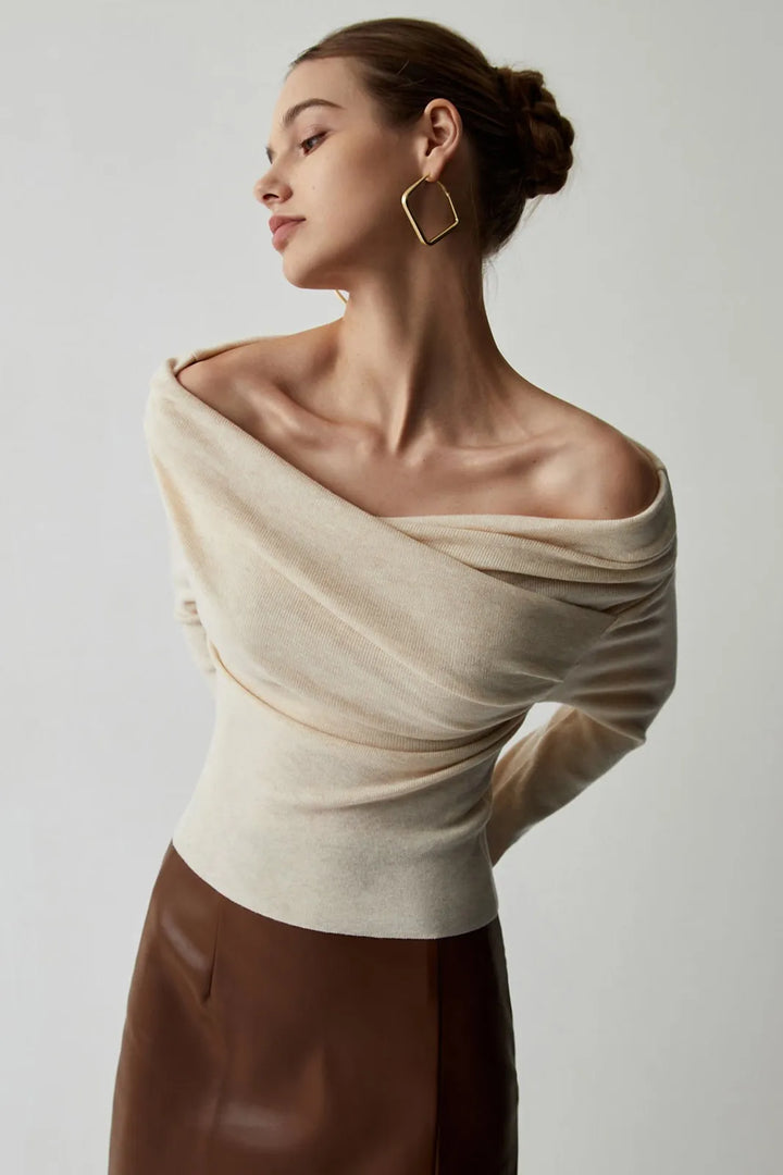 Villa Beige Strapless Wrap Long Sleeve Knit Top