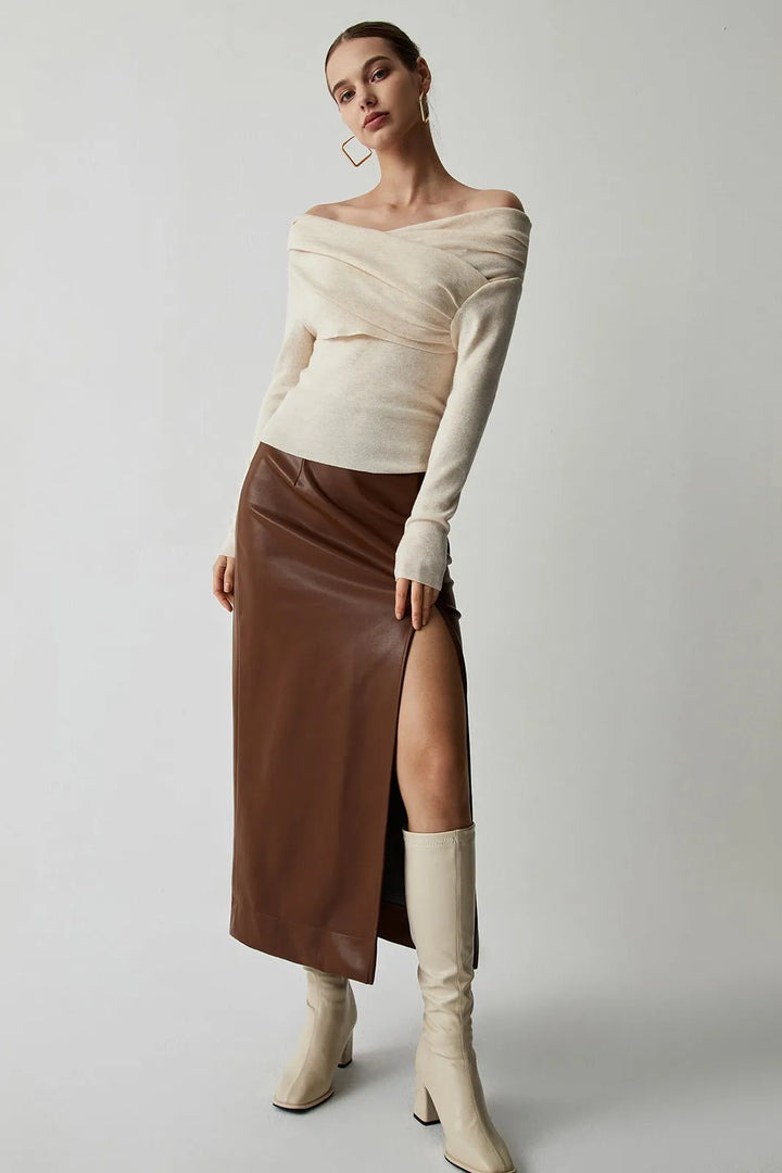 Villa Beige Strapless Wrap Long Sleeve Knit Top