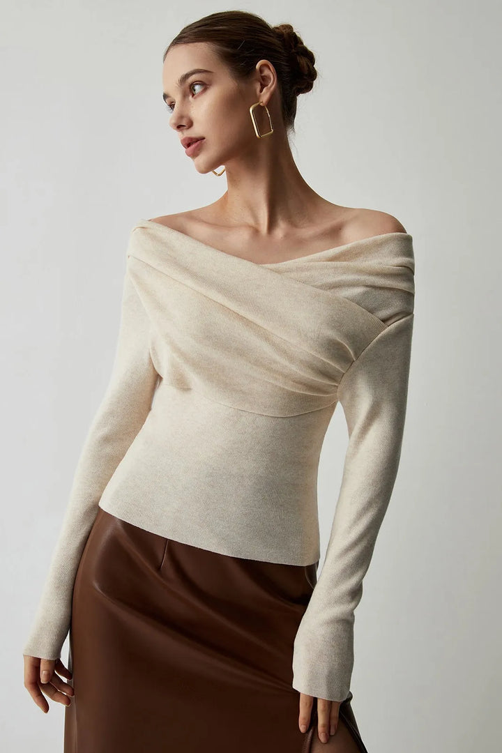 Villa Beige Strapless Wrap Long Sleeve Knit Top