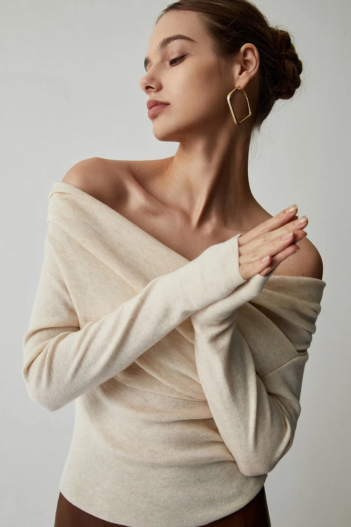 Villa Beige Strapless Wrap Long Sleeve Knit Top