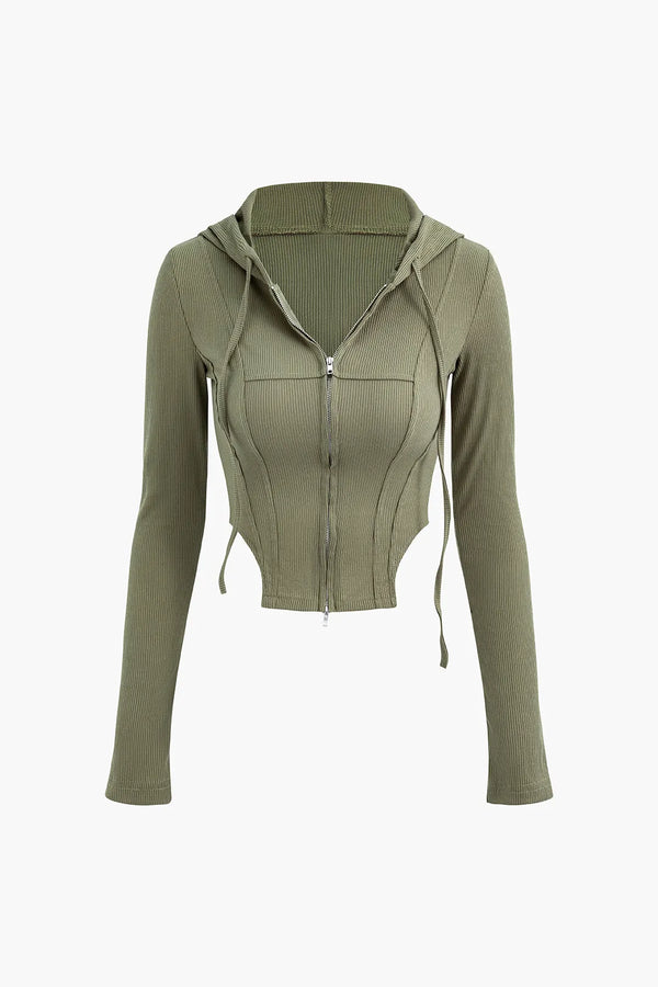 Yoko Green Hooded Zipper Long Sleeve Knit Top